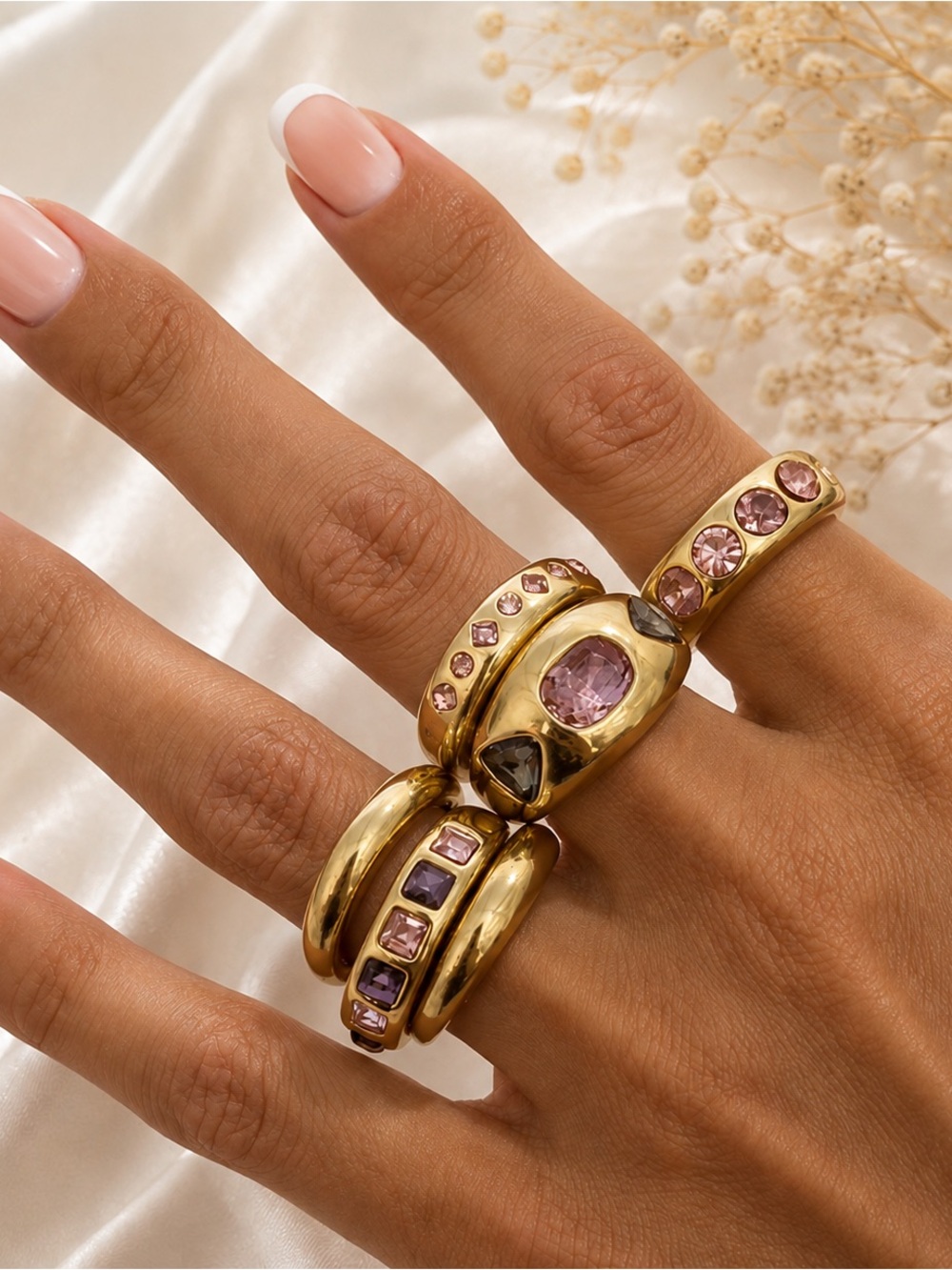 Gold Rings with Pink and Purple Crystals Y2k jewelry